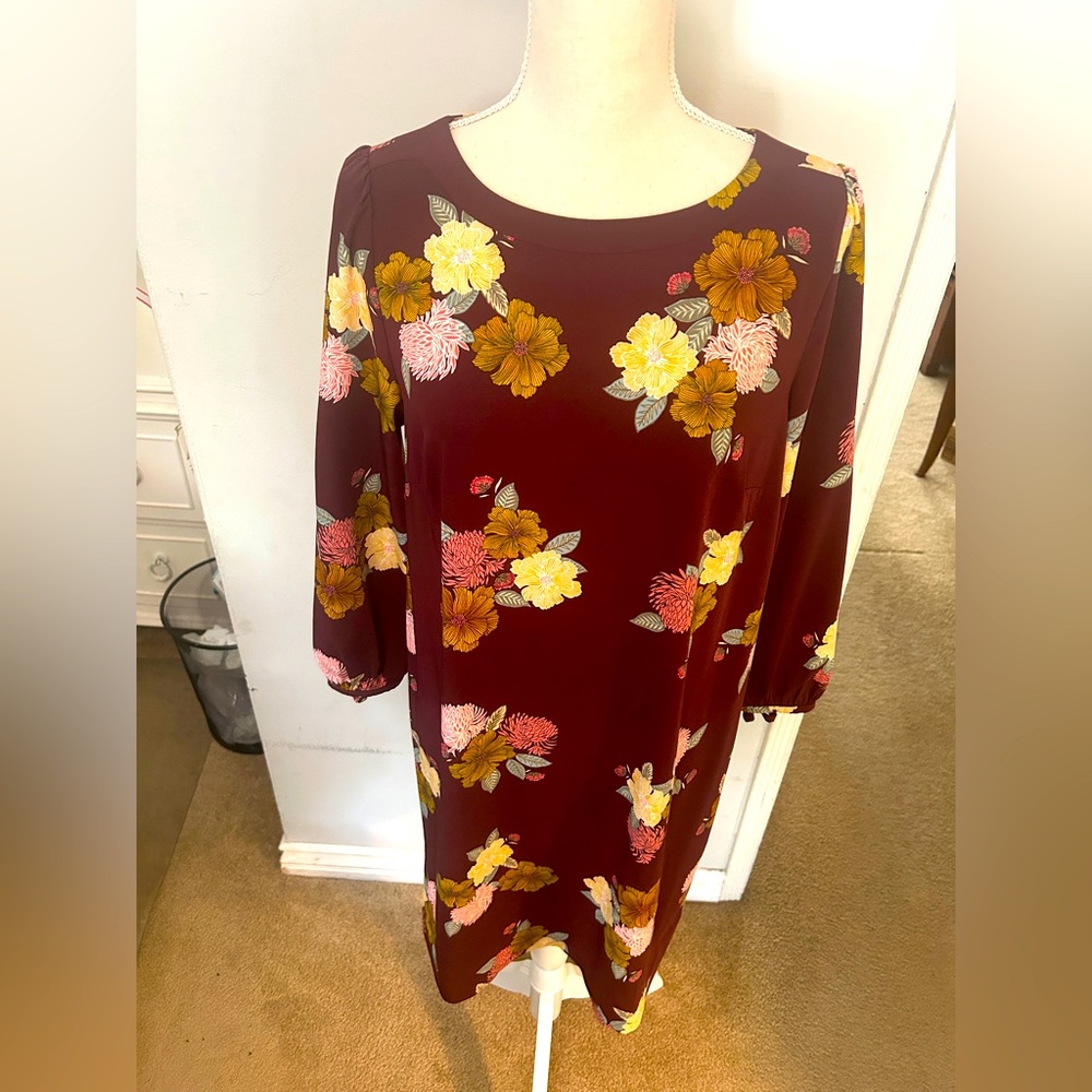 LOFT Burgundy Floral Long Sleeve Dress